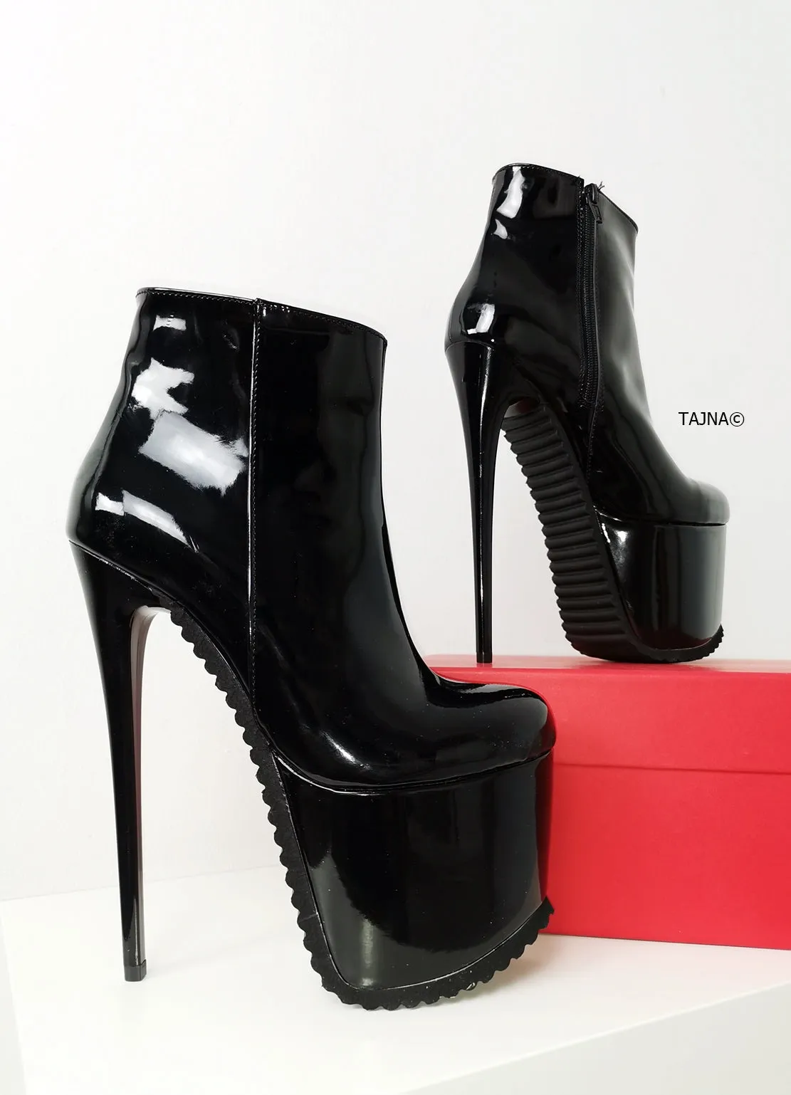 Serrated Sole Black Patent Booties