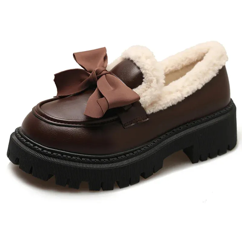 Sohiwoo Sweet Bowknot Plush Inside Loafers Women Japanese Style Round Toe Platform Shoes Woman Thick Sole Casual Cotton Padded Shoes 42