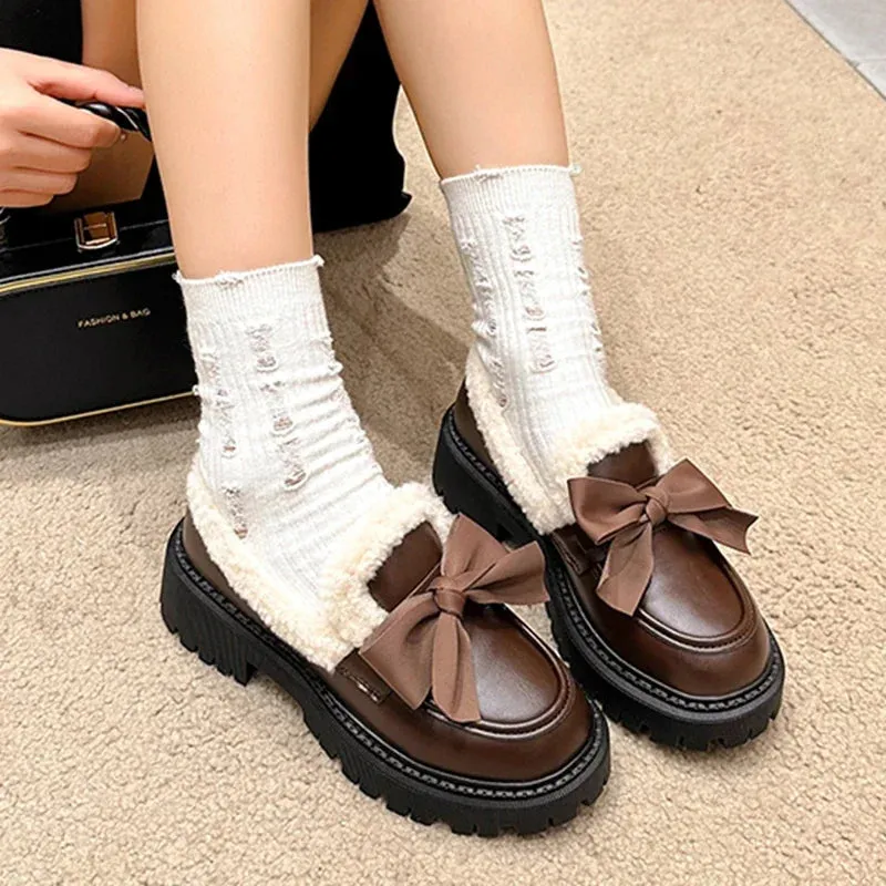 Sohiwoo Sweet Bowknot Plush Inside Loafers Women Japanese Style Round Toe Platform Shoes Woman Thick Sole Casual Cotton Padded Shoes 42