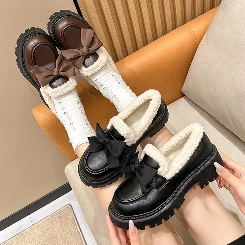 Sohiwoo Sweet Bowknot Plush Inside Loafers Women Japanese Style Round Toe Platform Shoes Woman Thick Sole Casual Cotton Padded Shoes 42