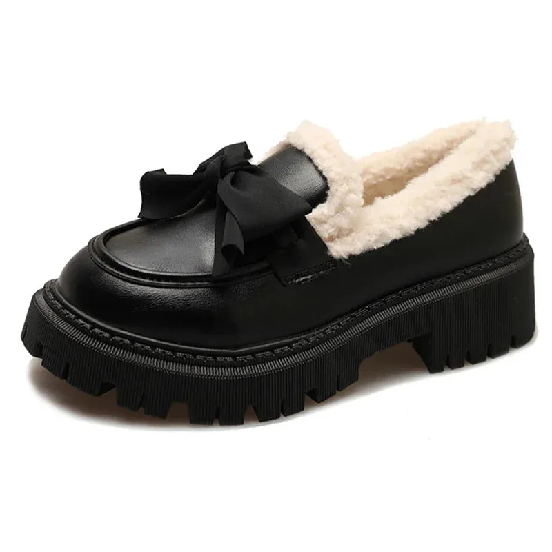 Sohiwoo Sweet Bowknot Plush Inside Loafers Women Japanese Style Round Toe Platform Shoes Woman Thick Sole Casual Cotton Padded Shoes 42