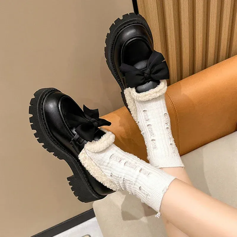 Sohiwoo Sweet Bowknot Plush Inside Loafers Women Japanese Style Round Toe Platform Shoes Woman Thick Sole Casual Cotton Padded Shoes 42