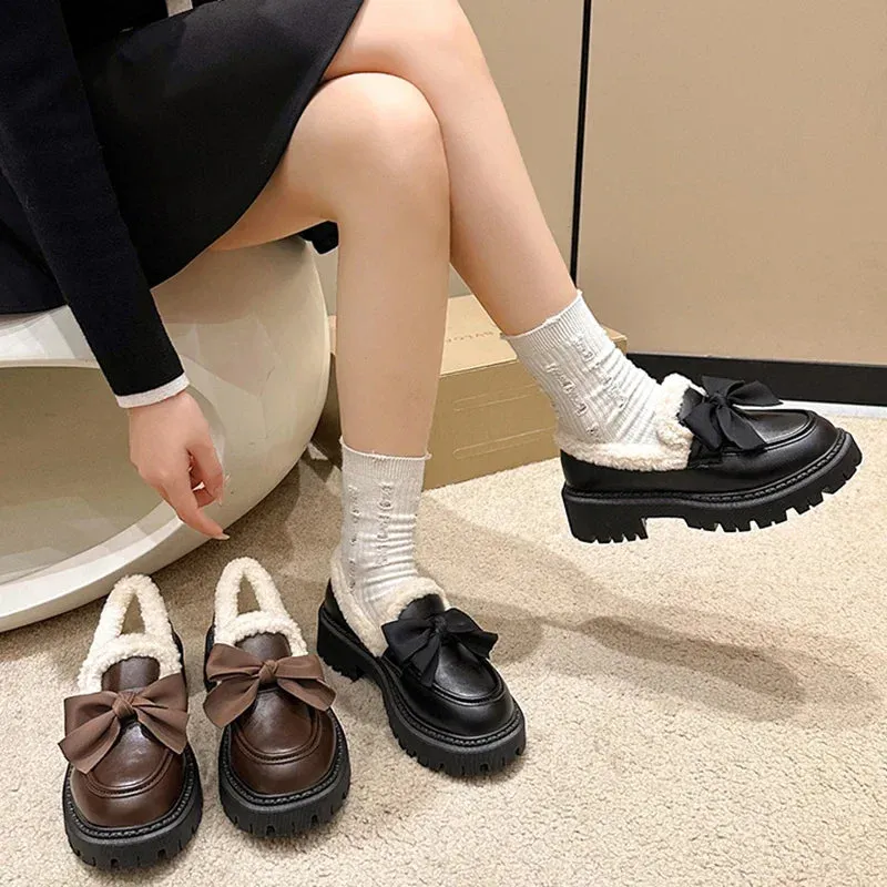 Sohiwoo Sweet Bowknot Plush Inside Loafers Women Japanese Style Round Toe Platform Shoes Woman Thick Sole Casual Cotton Padded Shoes 42
