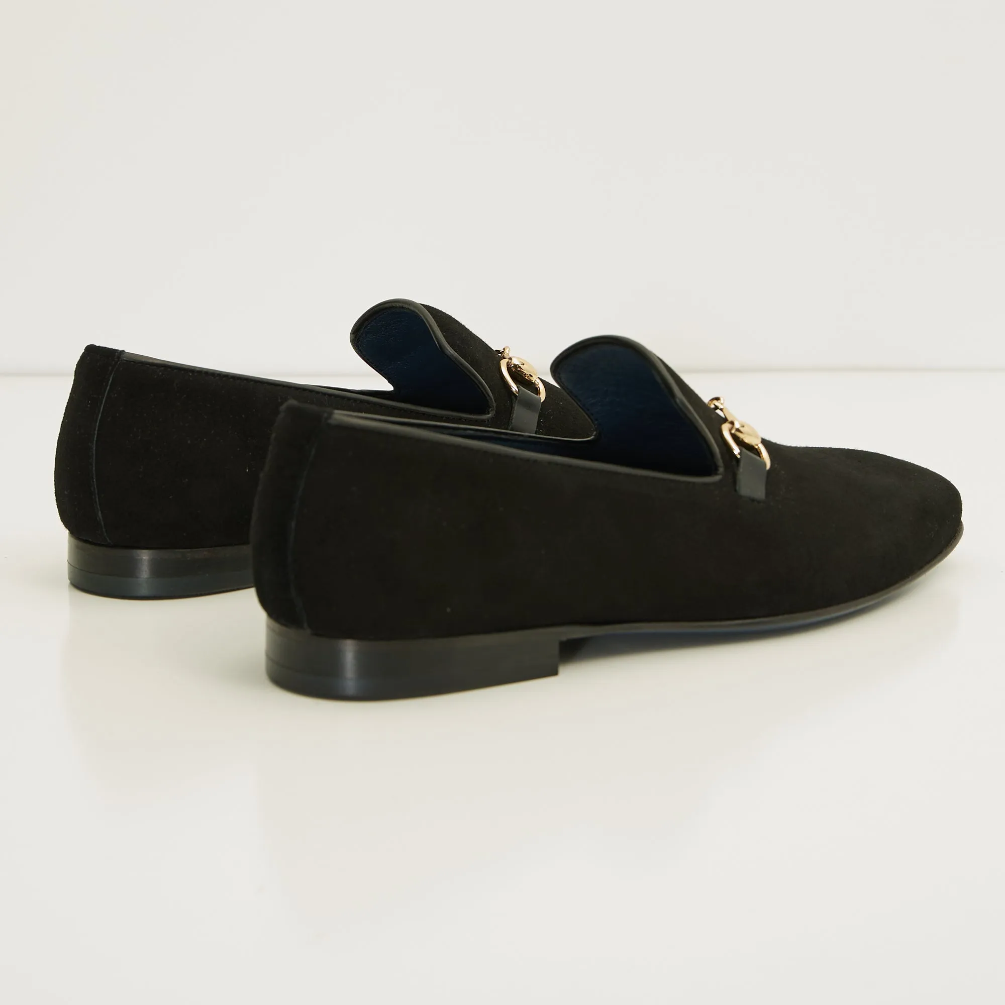 Suede Leather And Gold Metal Bit Loafer - Black