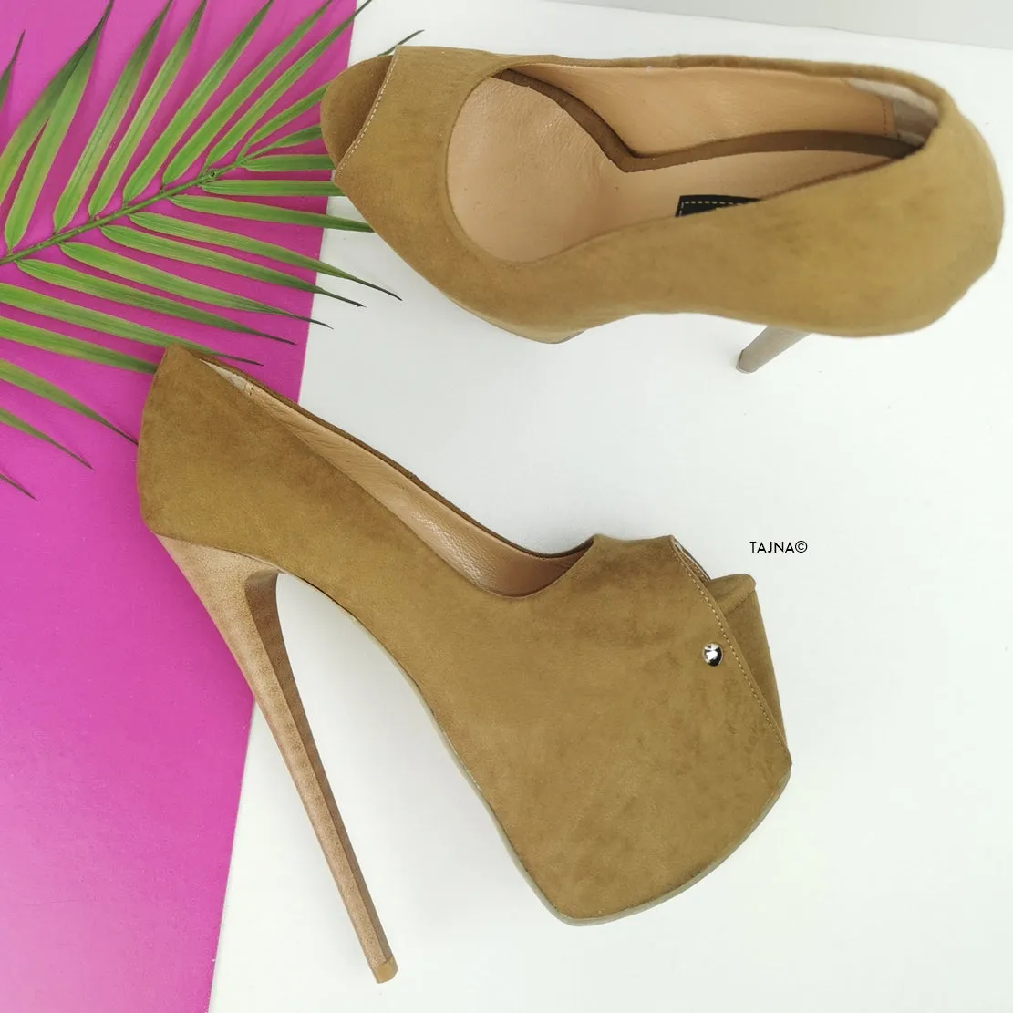Tobacco Brown Suede Peep Toe Pumps