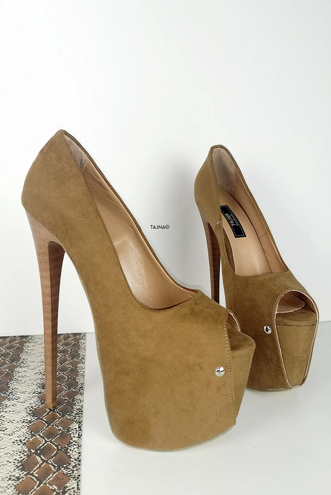 Tobacco Brown Suede Peep Toe Pumps