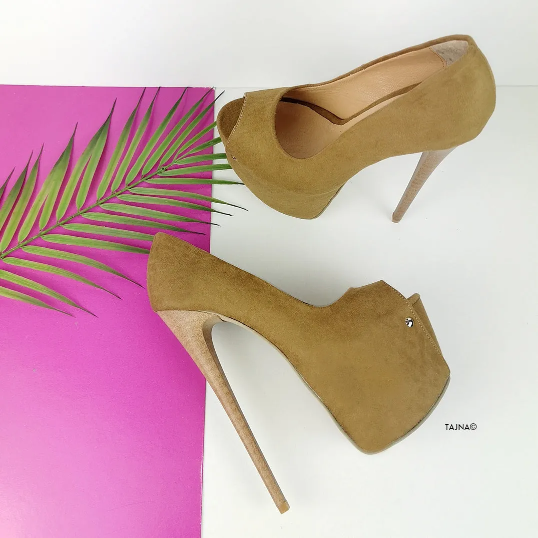 Tobacco Brown Suede Peep Toe Pumps