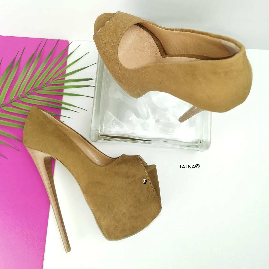 Tobacco Brown Suede Peep Toe Pumps