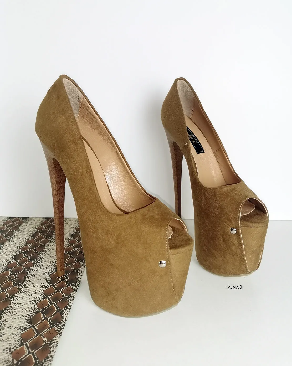Tobacco Brown Suede Peep Toe Pumps