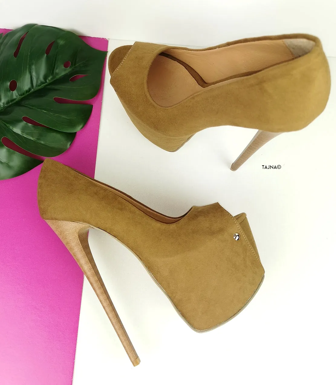 Tobacco Brown Suede Peep Toe Pumps